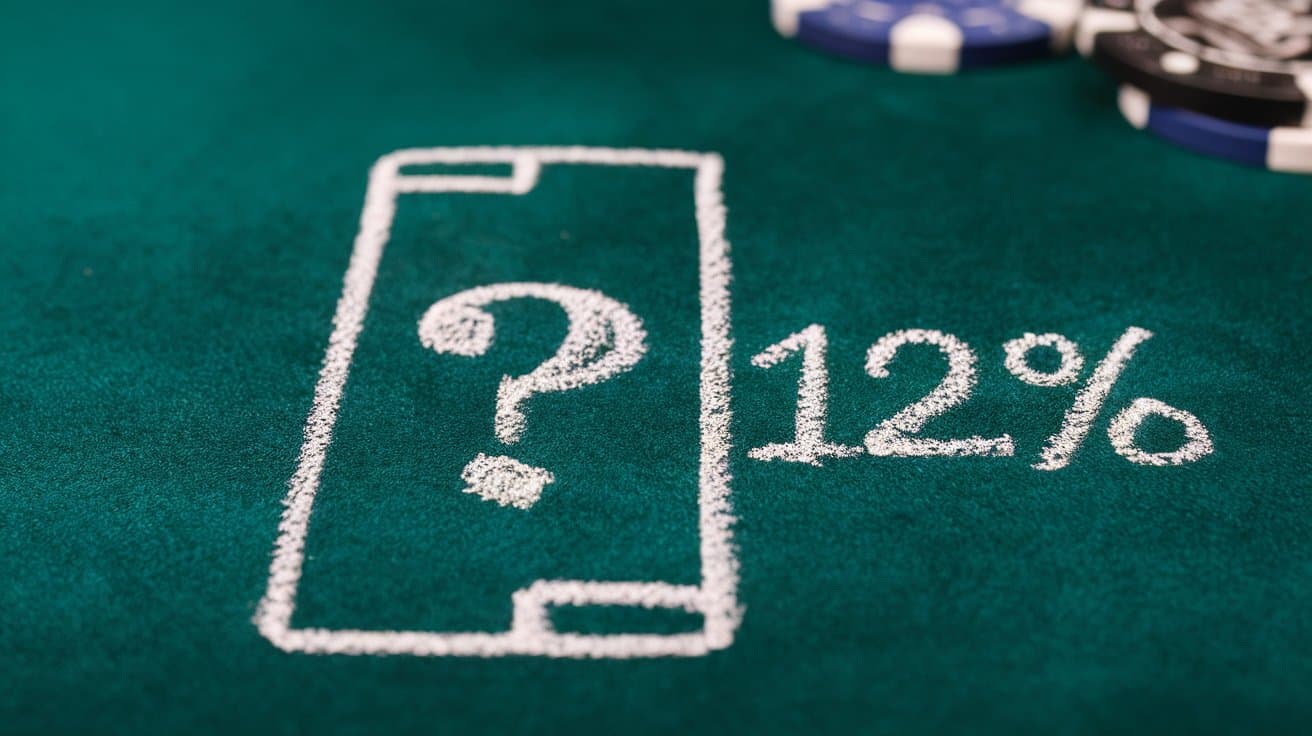 Crtež mobilnog telefona sa znakom pitanja i oznakom "12%" na zelenom poker stolu, uz žetone u uglu.
