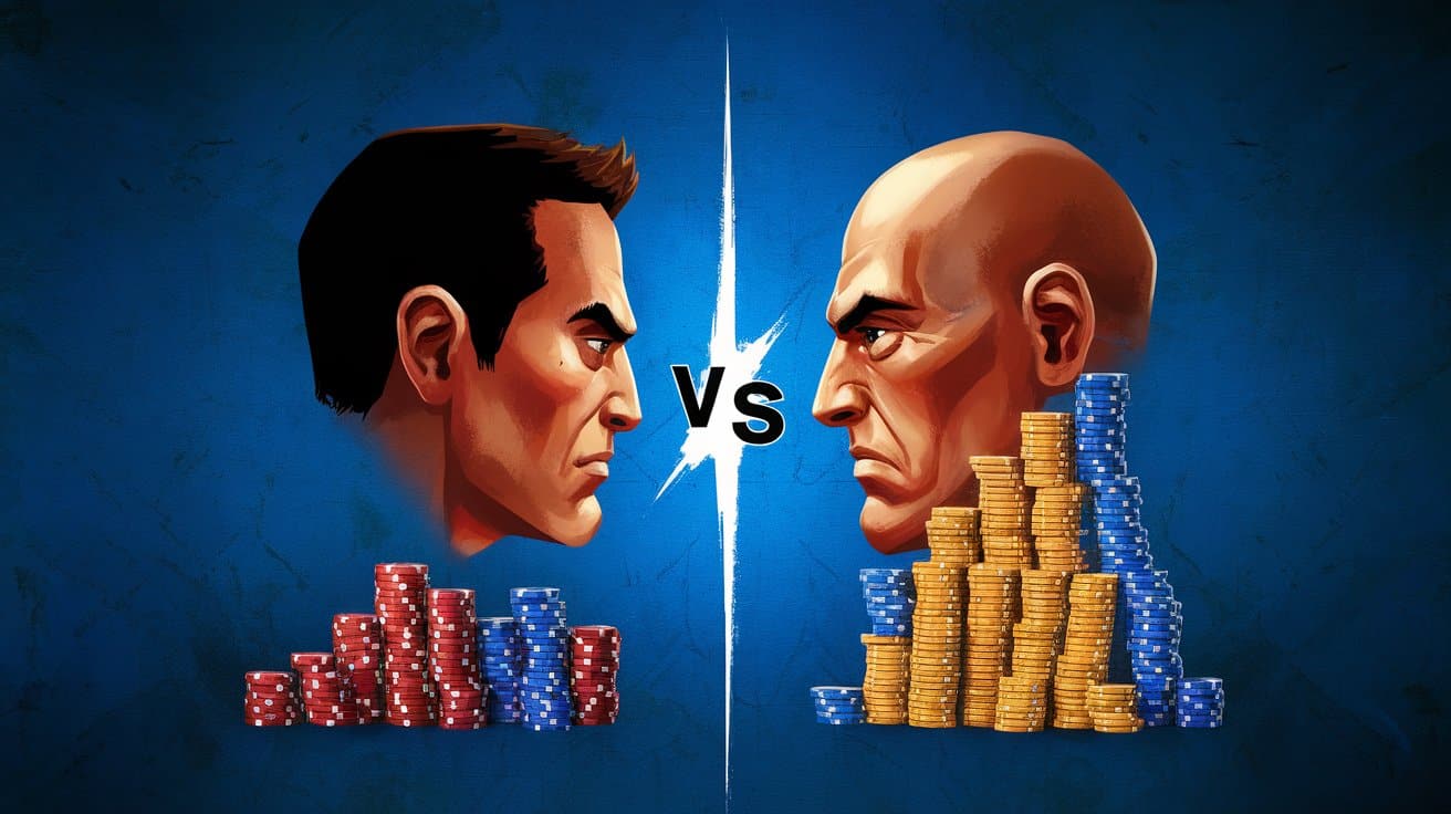 Ilustracija dvojice ozbiljnih protivnika licem u lice sa ?ipovima ispred njih, spremni za okršaj u poker duelu.