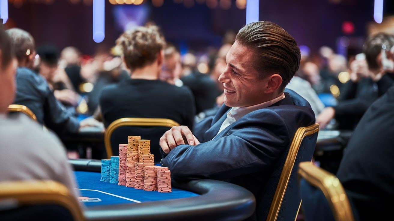 Muškarac u plavom sakou naslonjen unazad sa osmehom, ispred njega uredno pore?ani visoki stubovi ?ipova – prikaz dominacije za poker stolom.