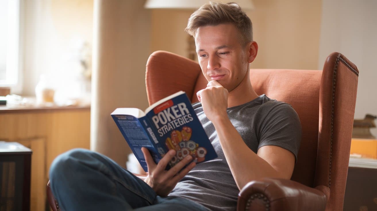 Muškarac sedi u udobnoj fotelji i pažljivo ?ita knjigu o poker strategijama.
