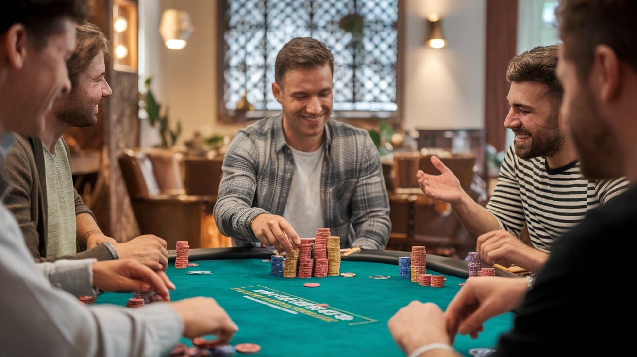 Grupa muškaraca sedi oko poker stola, jedan od njih pomera žetone dok ostali razgovaraju i smeju se.