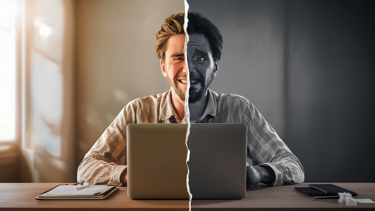 Podeljena slika muškarca za laptopom — levo nasmejan u boji, desno tužan u crno-beloj obradi.