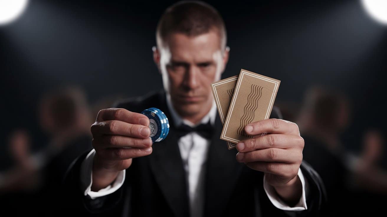 Muškarac u smokingu odlu?uje da li da uloži žeton ili zadrži karte, sa ozbiljnim izrazom lica i fokusiranim pogledom.