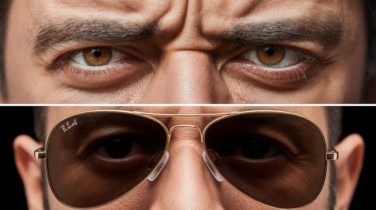 Intenzivan krupan kadar o?iju poker igra?a dok razmišlja, gore bez nao?ara, dole sa tamnim sun?anim nao?arima koje skrivaju izraze.