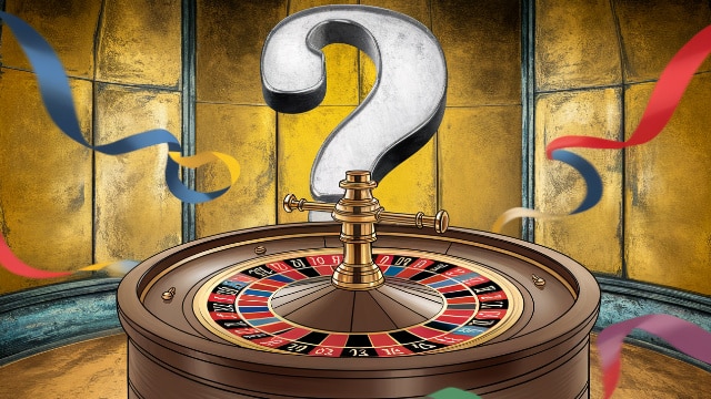 Rulet sto sa ogromnim znakom pitanja u sredini, okružen šarenim trakama koje lebde u vazduhu.