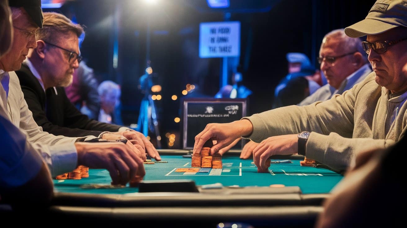 Igra?i za poker stolom pažljivo pomeraju žetone tokom ozbiljne ruke.