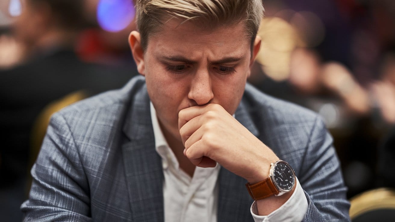 Mladi? u odelu zamišljeno gleda dok razmišlja o slede?em potezu u poker partiji.