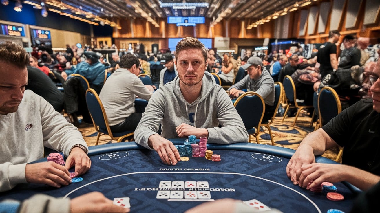 Igra? za poker stolom fokusiran na igru, drži karte u ruci