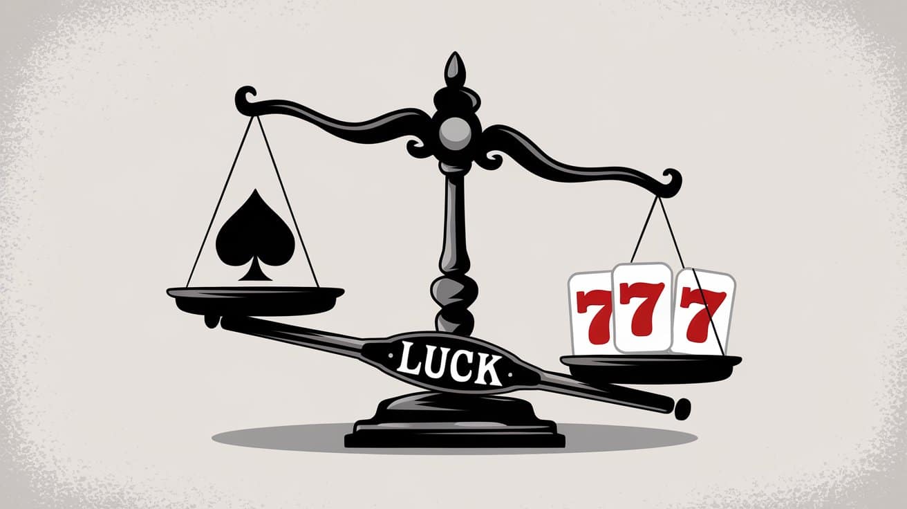 Ilustracija vage na kojoj se sa jedne strane nalazi znak pika, a sa druge tri karte sa brojem sedam; vaga ozna?ena re?ju "sre?a".