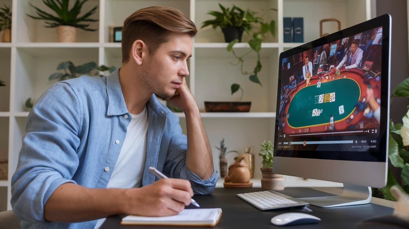 Mladi? u plavoj košulji u?i strategije gledaju?i poker turnir na ekranu ra?unara i pravi beleške u svesku.