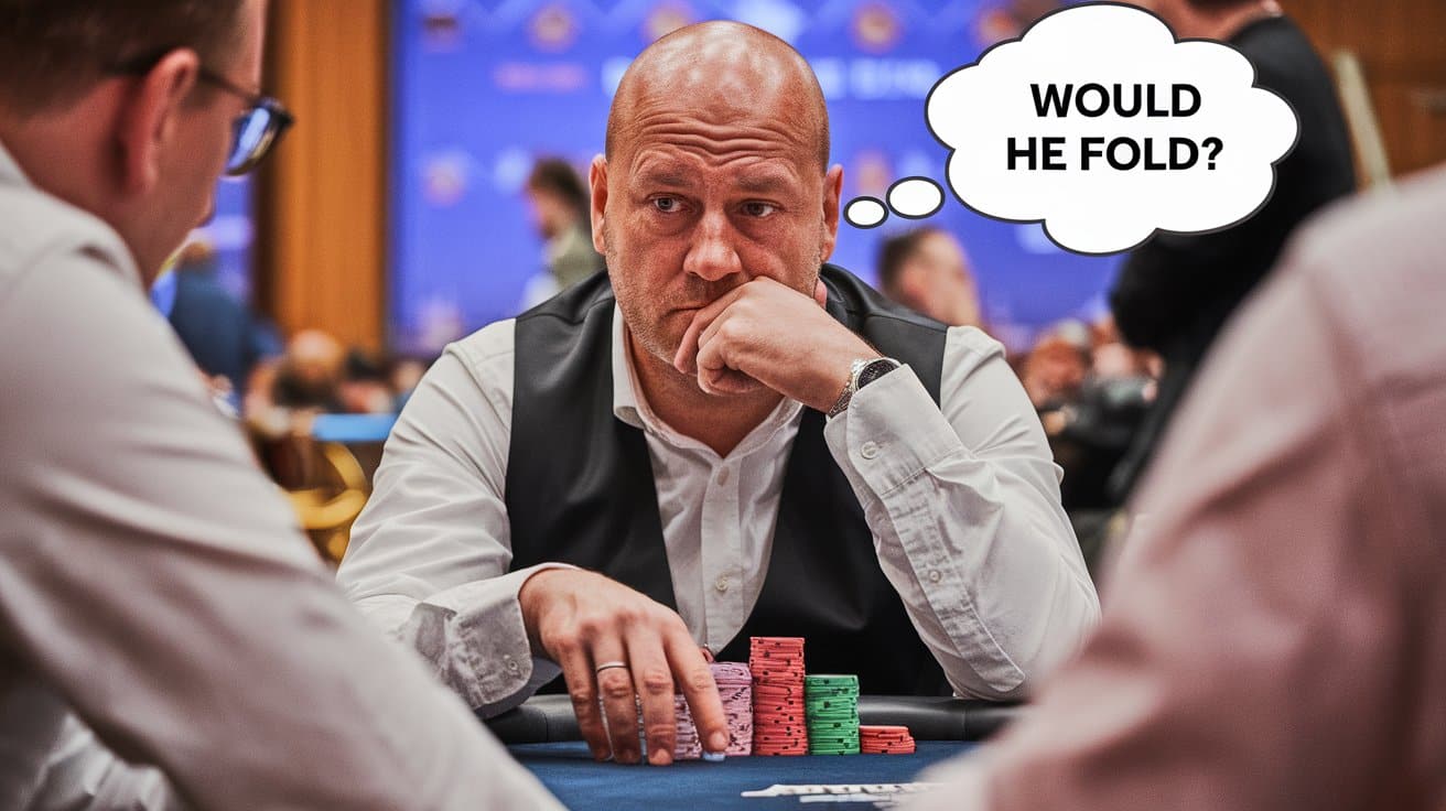 Poker igra? razmišlja sa mehuri?em misli koji kaže "Da li bi on bacio karte?" dok gleda protivnika.