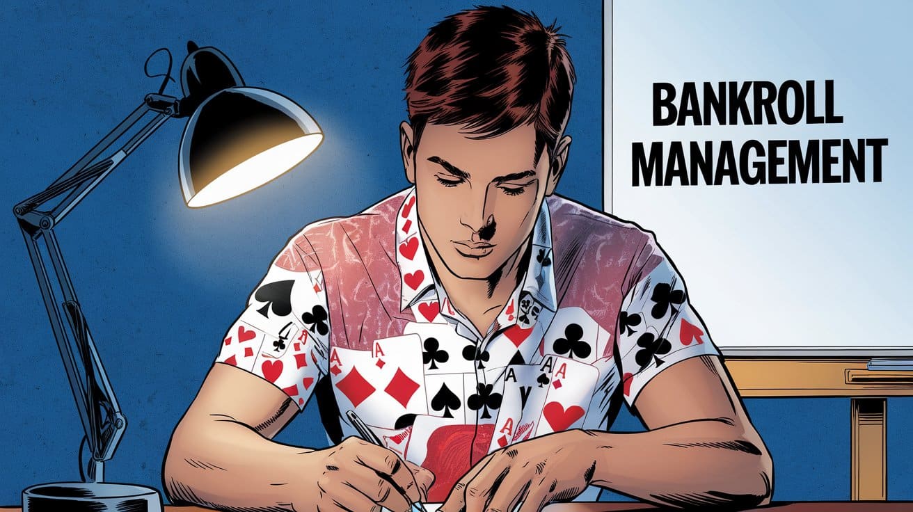 Poker igra? koncentrisano zapisuje beleške ispod lampe, sa natpisom 'BANKROLL MANAGEMENT' u pozadini