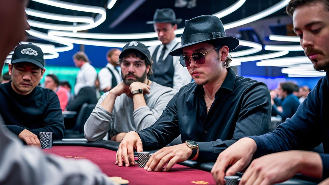 Poker igra?i za stolom, muškarac sa šeširom i nao?arima u centru kadra.