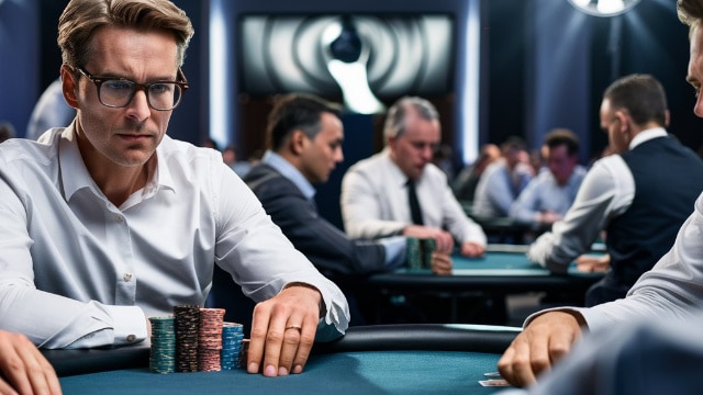 Muškarac u beloj košulji fokusiran na igru pokera, okružen drugim igra?ima za stolom.