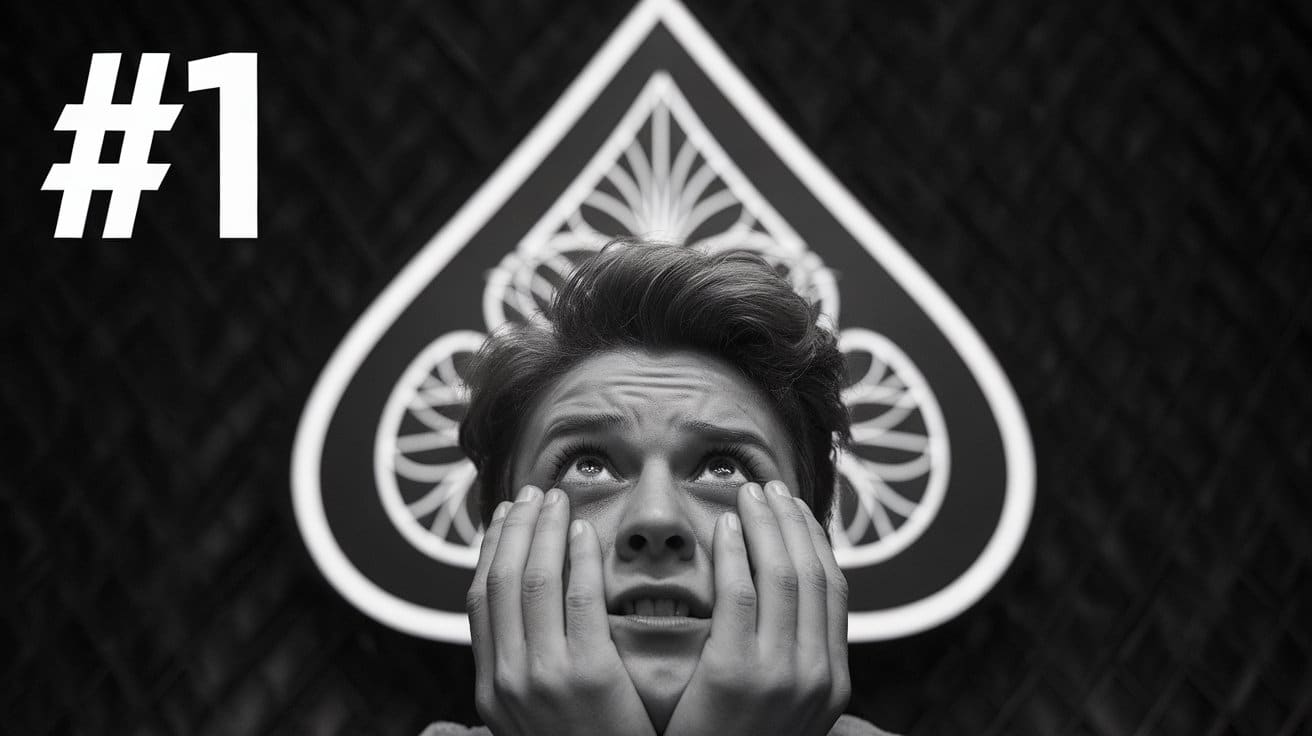 Zabrinuti mladi? drži lice u rukama, sa velikim simbolom pika iza njega i brojem #1 u uglu.