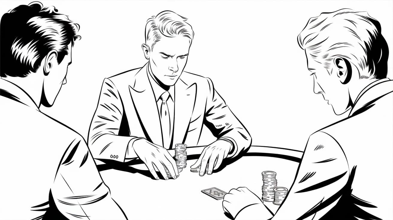 Ilustracija trojice muškaraca u odelima za poker stolom, jedan u sredini pažljivo gleda svoje žetone.
