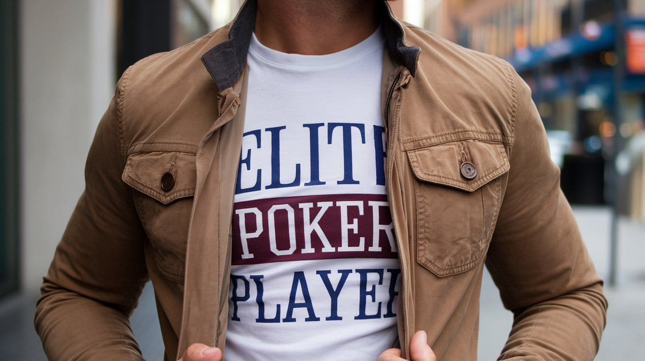 Muškarac otkop?ava jaknu kako bi otkrio majicu sa natpisom "elitni igra? pokera".