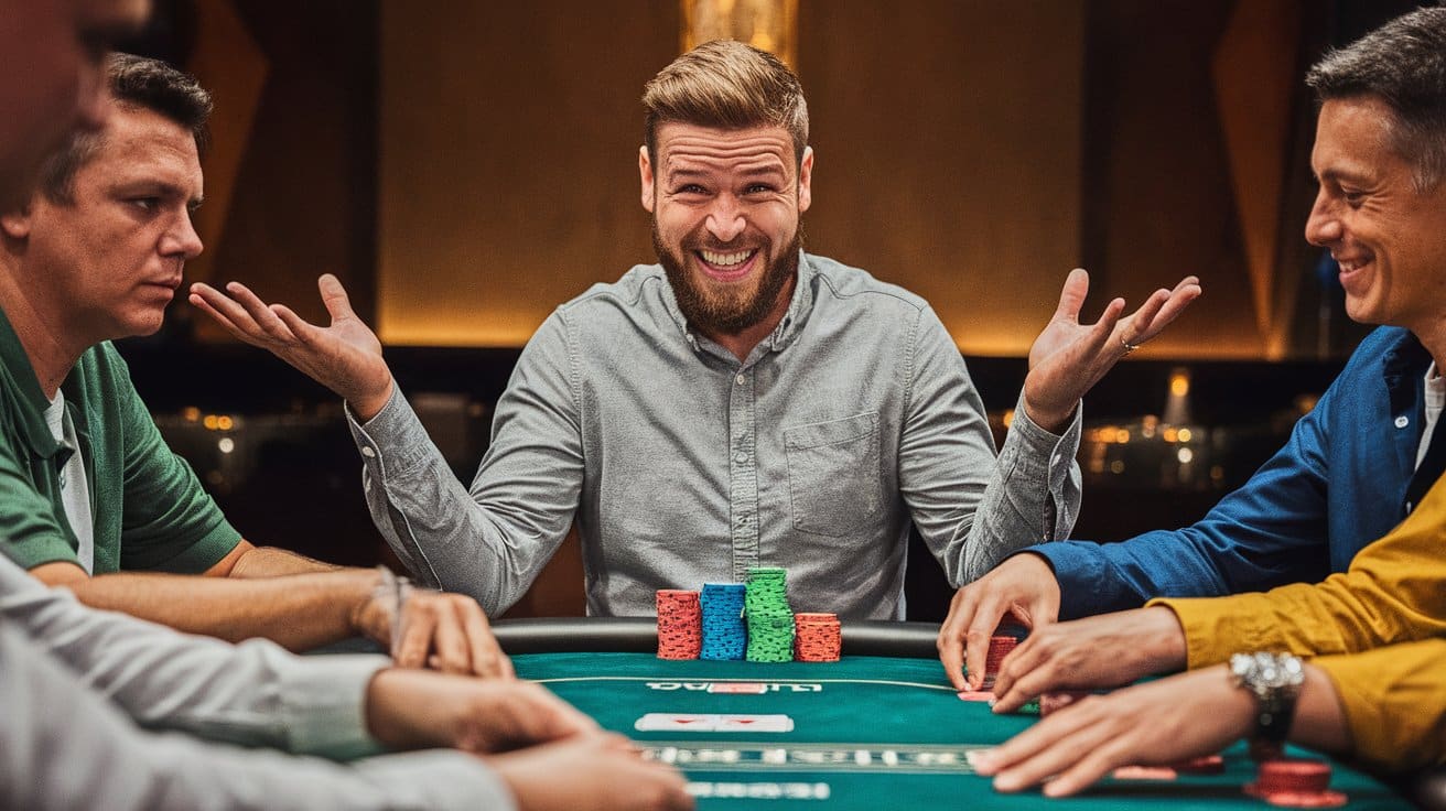 Muškarac za poker stolom sa osmehom i rukama podignutim u znak pobede.