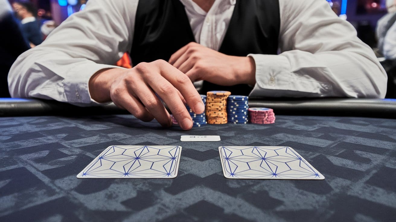 Dve zatvorene poker karte na stolu, igra? još uvek ne gleda svoje karte.