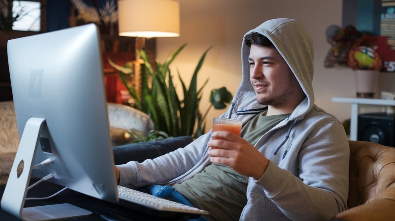 Mladi? u dukserici sa kapulja?om sedi ispred ra?unara i drži ?ašu soka u ruci, opušten u dnevnoj sobi.