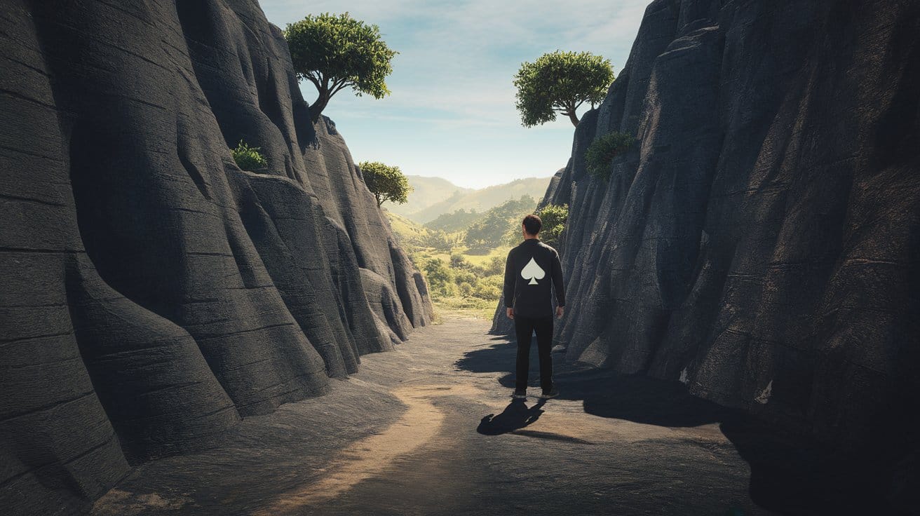 Muškarac stoji izme?u dve visoke stene gledaju?i ka otvorenom pejzažu, sa simbolom pika na le?ima.