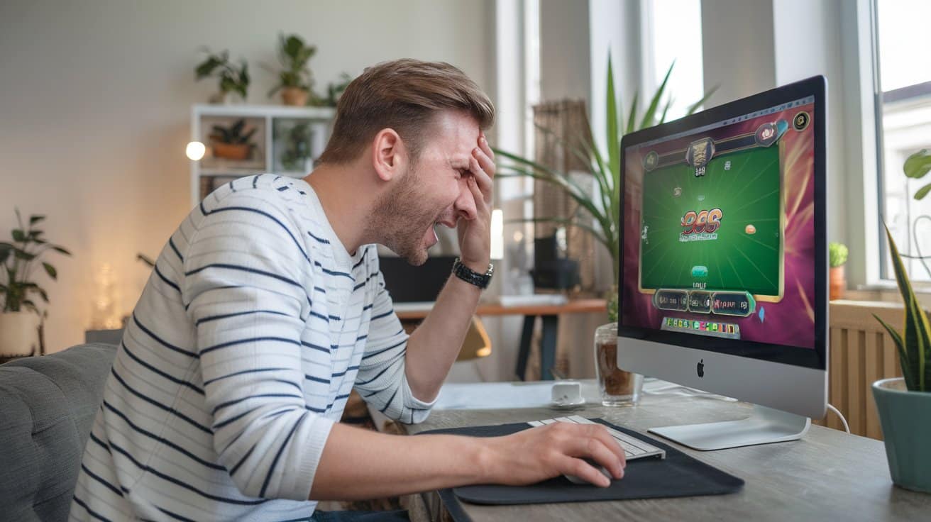 Frustrirani igra? pokera drži ruku na ?elu dok gleda izgubljenu partiju na ra?unaru.