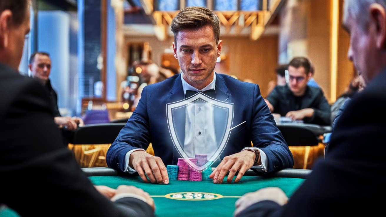 Ozbiljan igra? pokera u elegantnom odelu sedi za stolom sa digitalnim štitom preko grudi, simbolizuju?i samopouzdanje ili zaštitu.