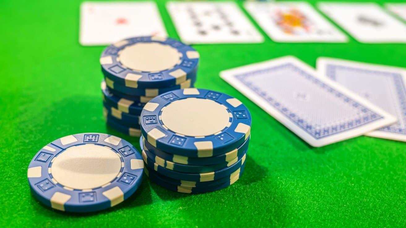 Mala gomila plavih poker žetona na stolu, sa kartama u pozadini.