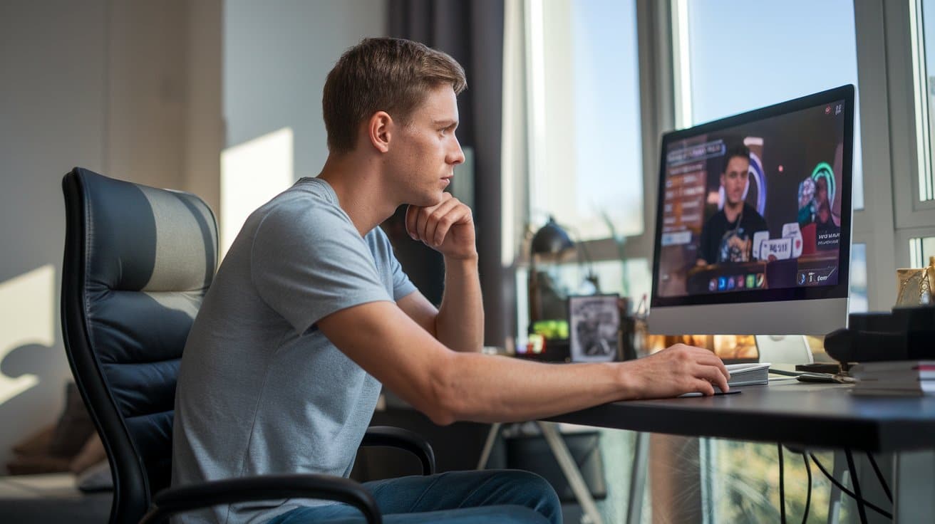 Muškarac sedi za stolom i prati prenos poker turnira na ra?unaru.