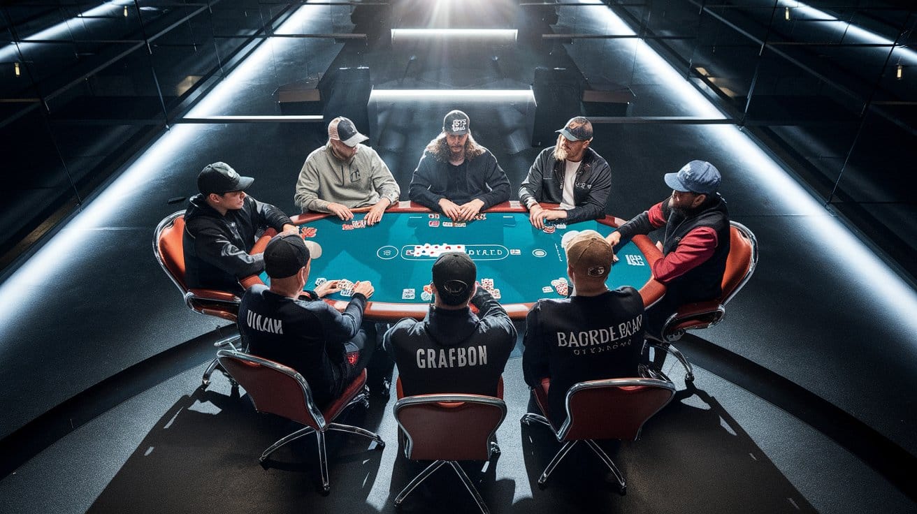 Grupa igra?a sedi za poker stolom tokom turnira, snimljeno iz pti?je perspektive.