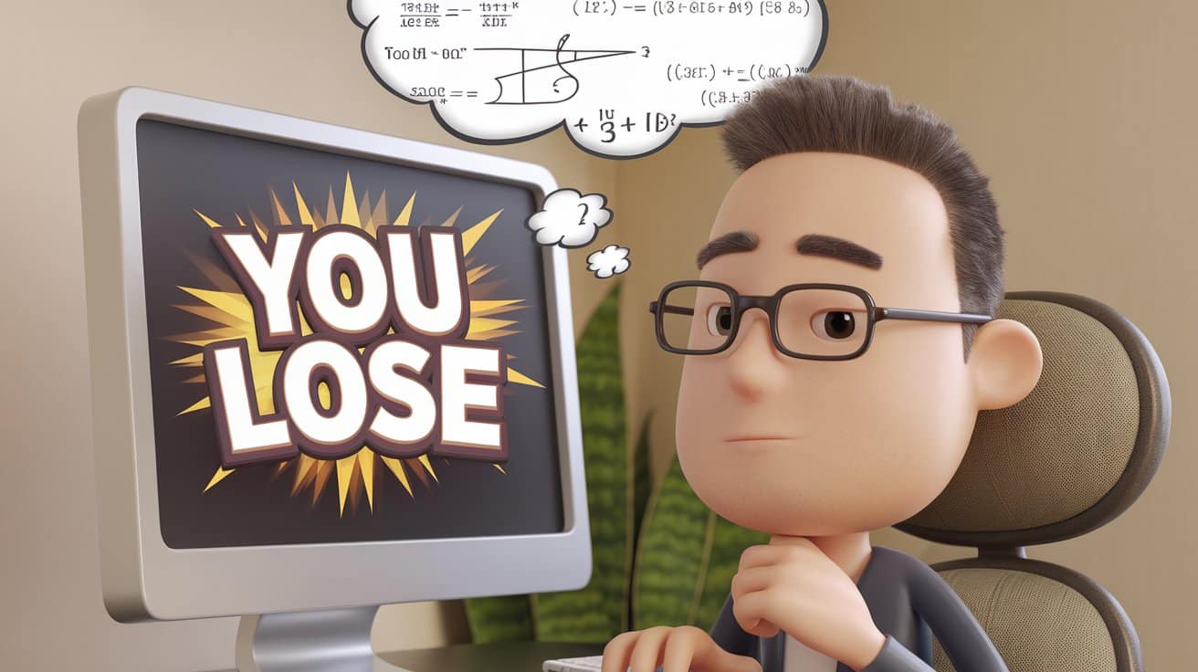 Animirani ?ovek gleda u ekran ra?unara sa porukom „You lose“, razmišljaju?i o matemati?kim formulama.