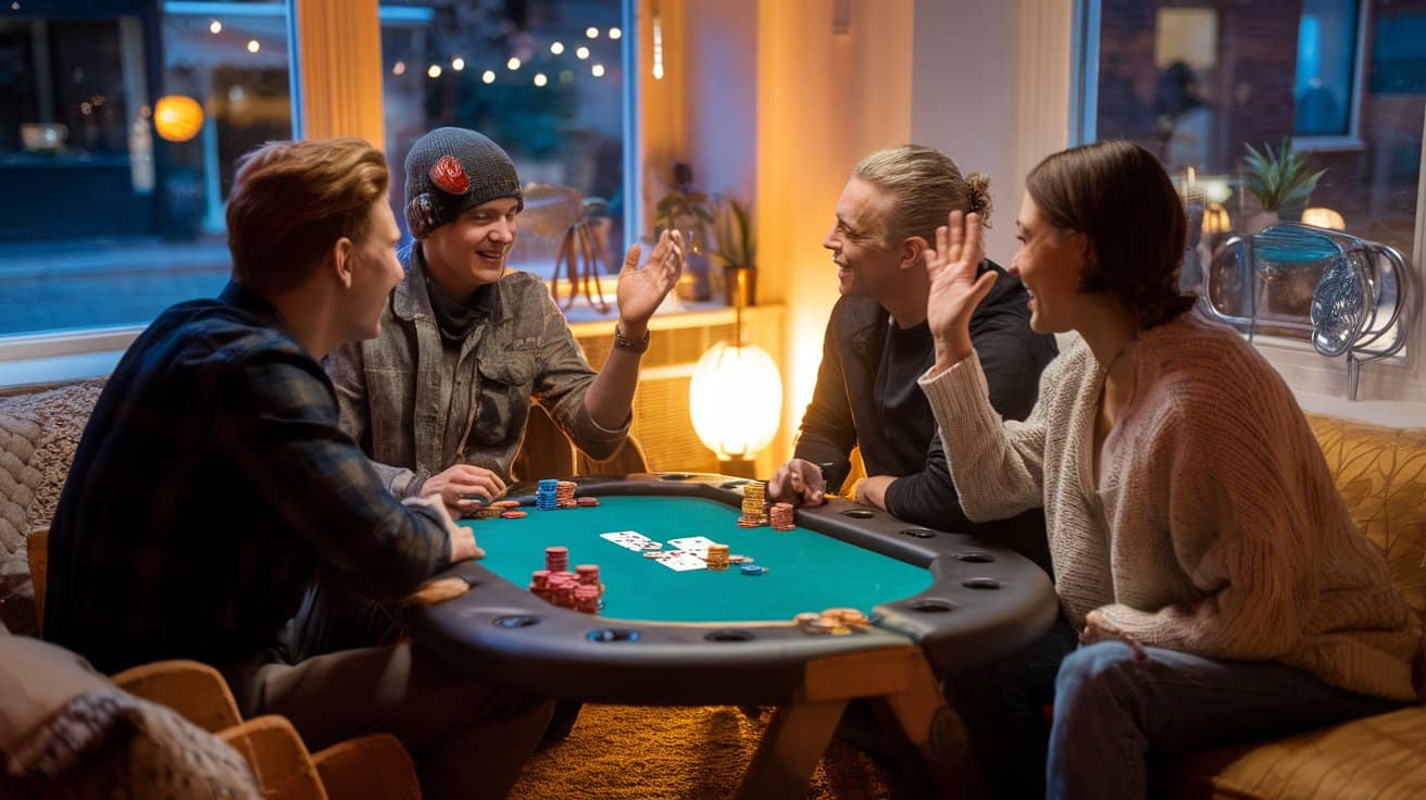 Grupa prijatelja oko poker stola razgovara i objašnjava pravila igre.