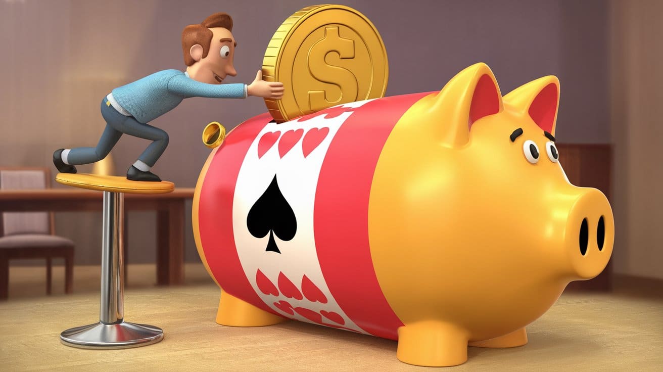 Animirani lik ubacuje veliki zlatni nov?i? u ogromnu kasicu-prasicu ukrašenu poker znakovima.