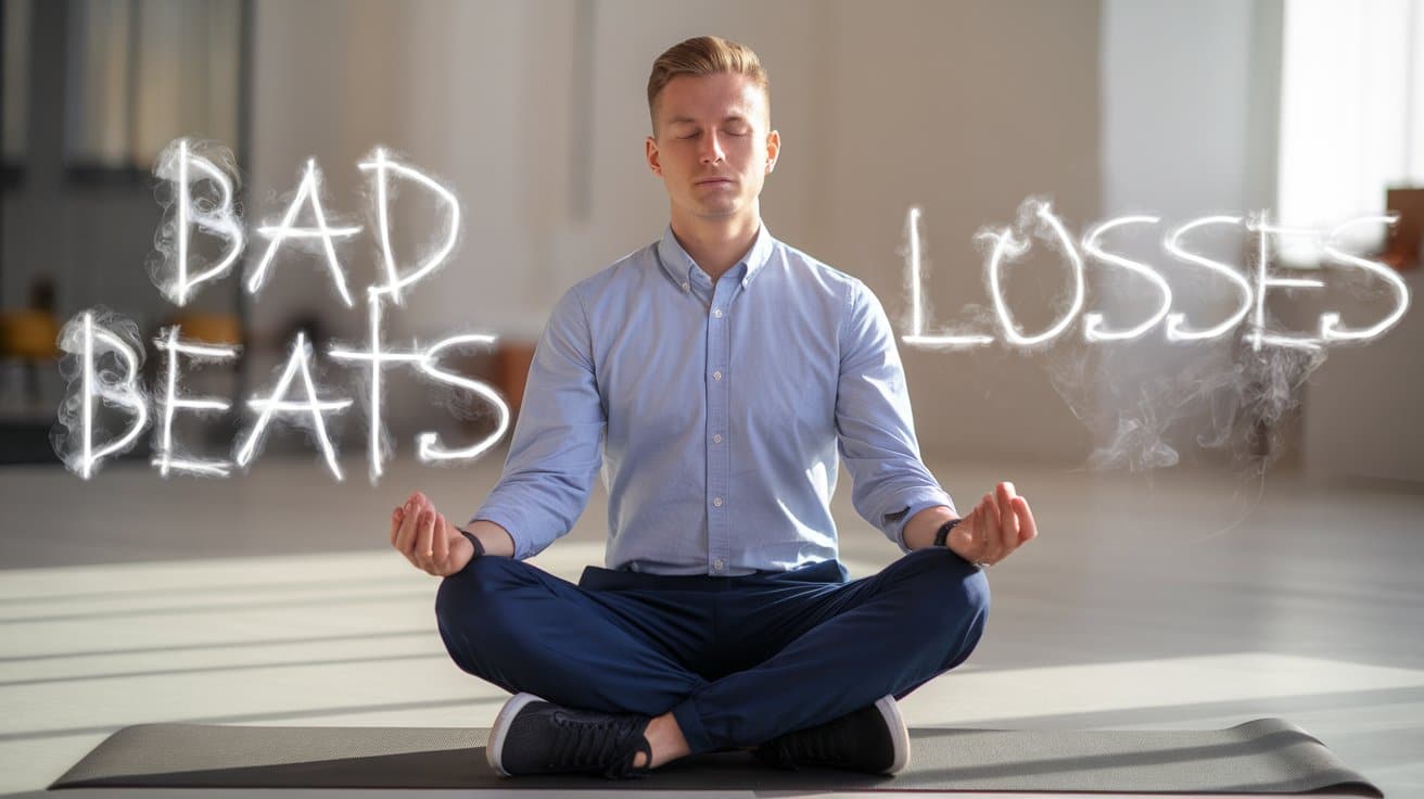 Muškarac sedi u položaju meditacije sa zatvorenim o?ima, pored njega natpisi „BAD BEATS“ i „LOSSES“.