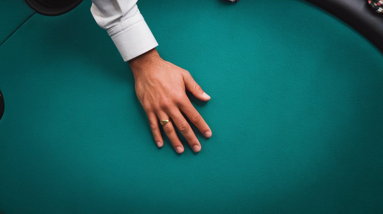 Ruka igra?a na zelenom stolu ozna?ava završetak runde pokera.