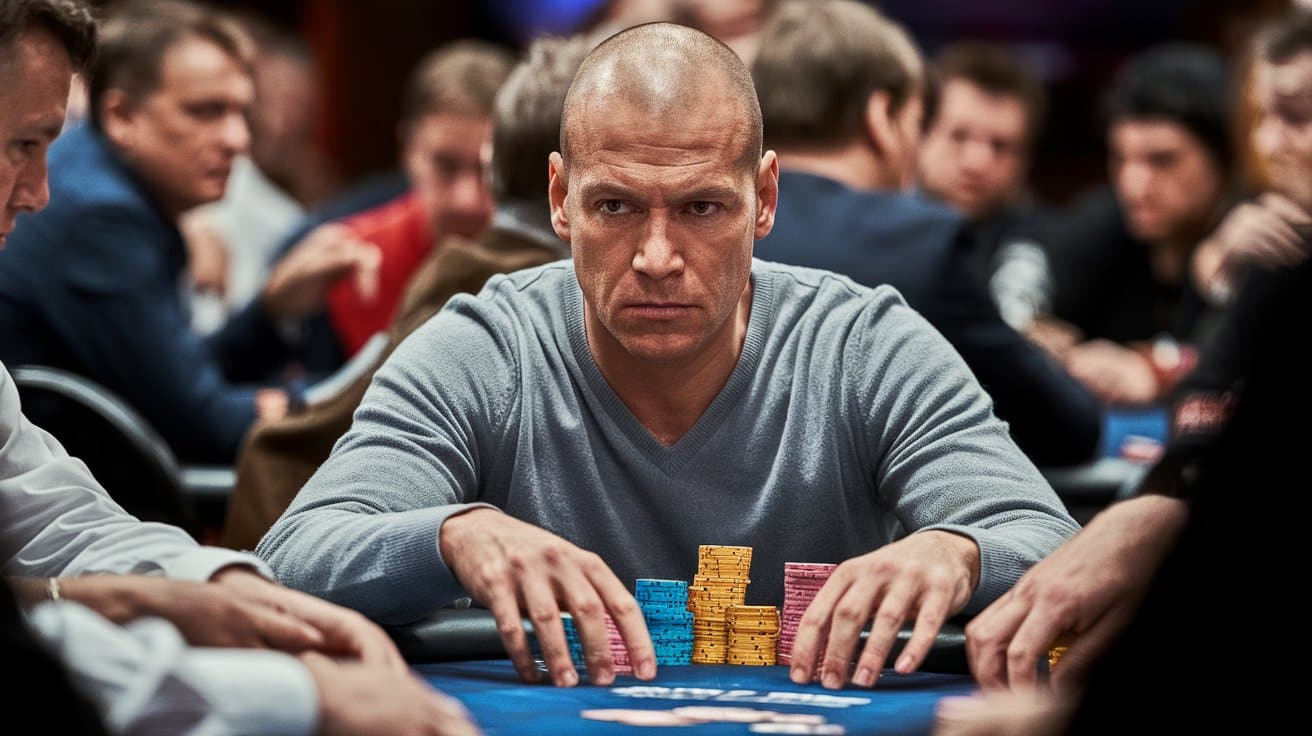 Ozbiljan muškarac u sivoj majici, bez kape i nao?ara, fokusirano sedi za poker stolom sa složenim žetonima ispred sebe.