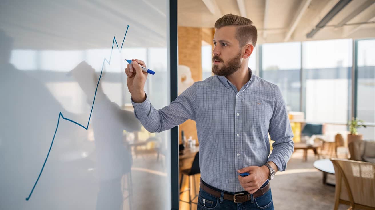 Muškarac crta rastu?i grafikon na beloj tabli tokom poslovne prezentacije.