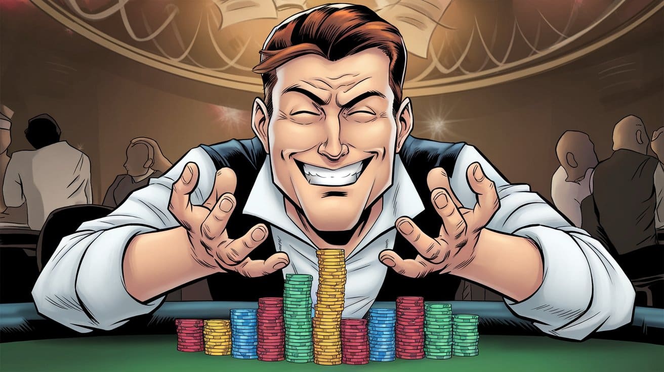 Nasmejani igra? ponosno gleda svoje žetone nakon velikog dobitka u kazinu.