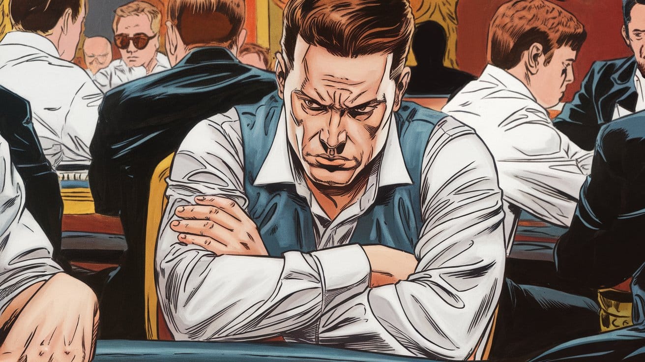 Ozbiljan poker igra? sa prekštenim rukama koncentrisano posmatra igru.