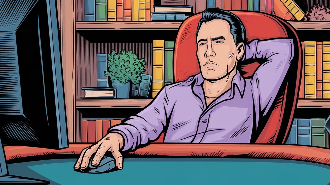 Poker igra? u ljubi?astoj košulji sedi opušteno za ra?unarom u ku?nom okruženju.