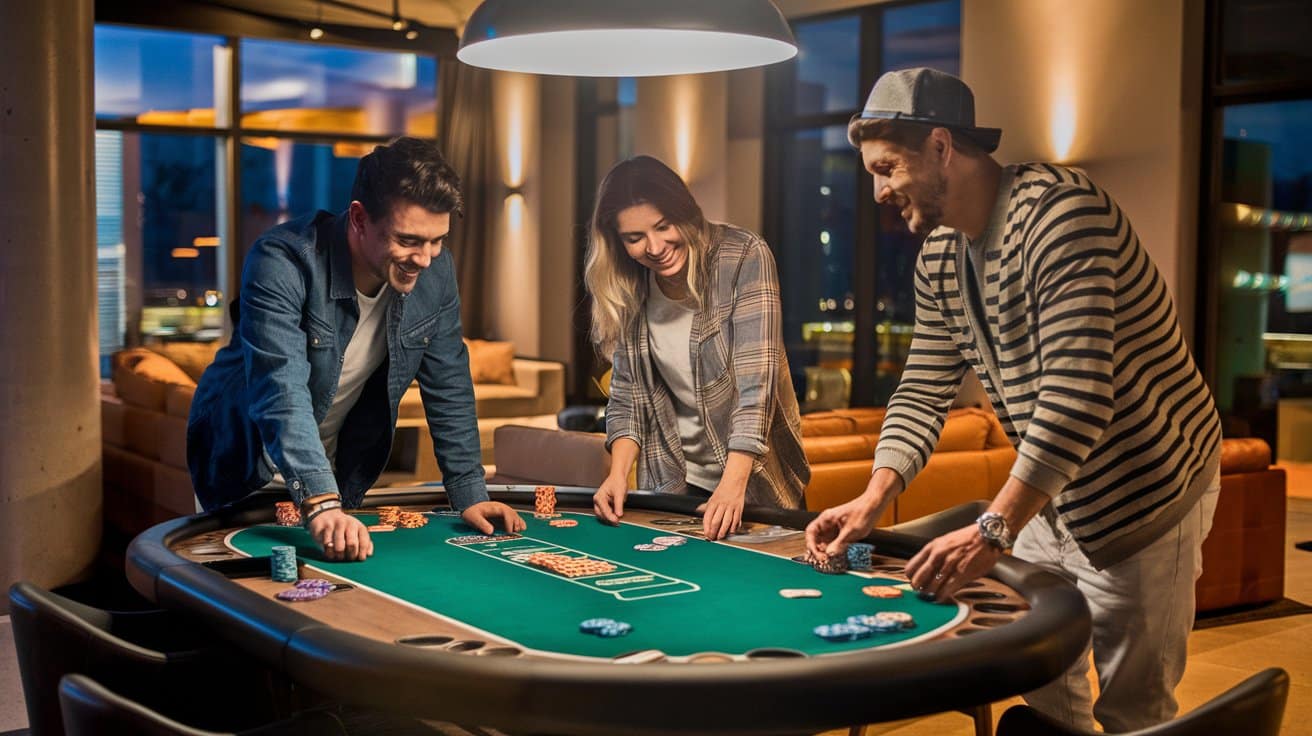 Troje prijatelja se smeju i skupljaju žetone za poker stolom u prijatnom ambijentu.