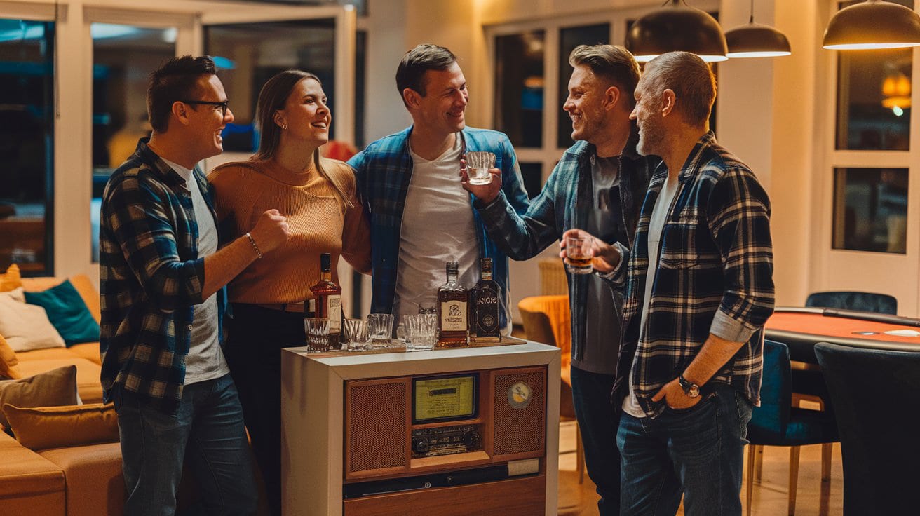 Grupa prijatelja stoji pored stola sa flašama viskija, nazdravlja i razgovara.
