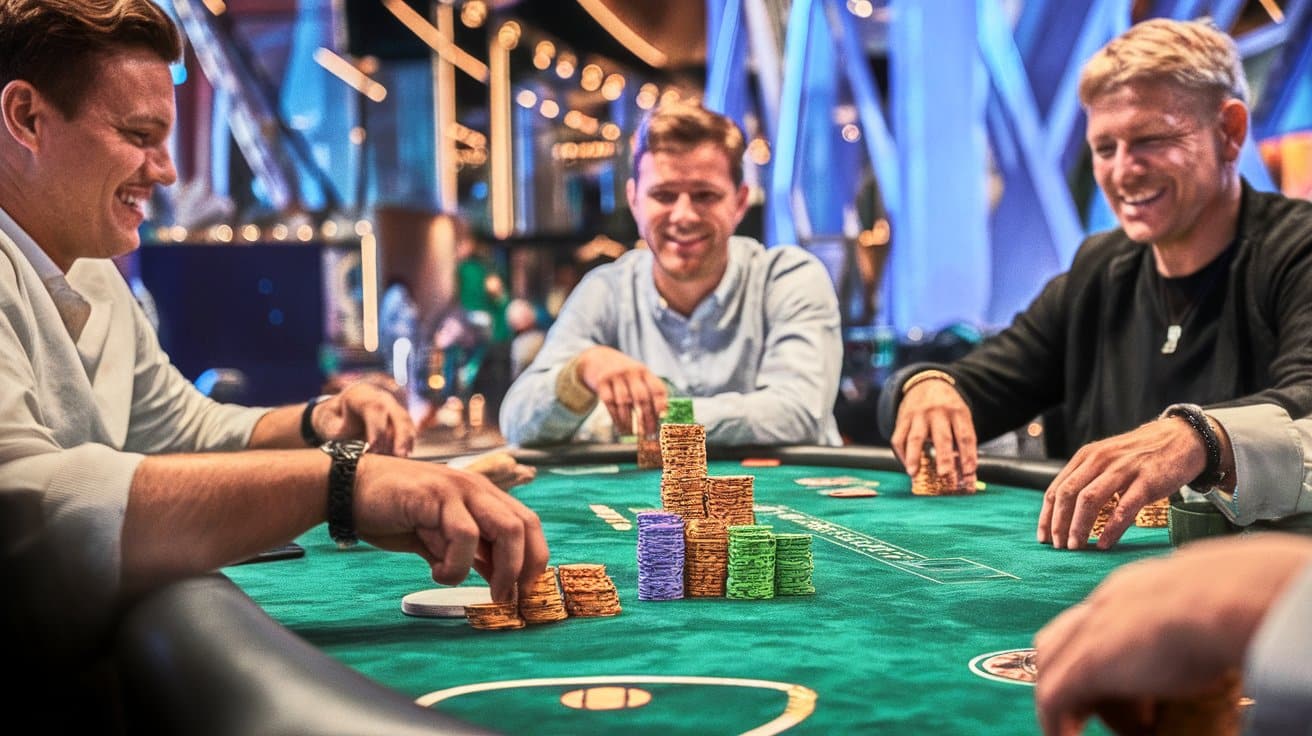 Trojica nasmejanih poker igra?a uživaju u partiji za zelenim stolom u kazinu.