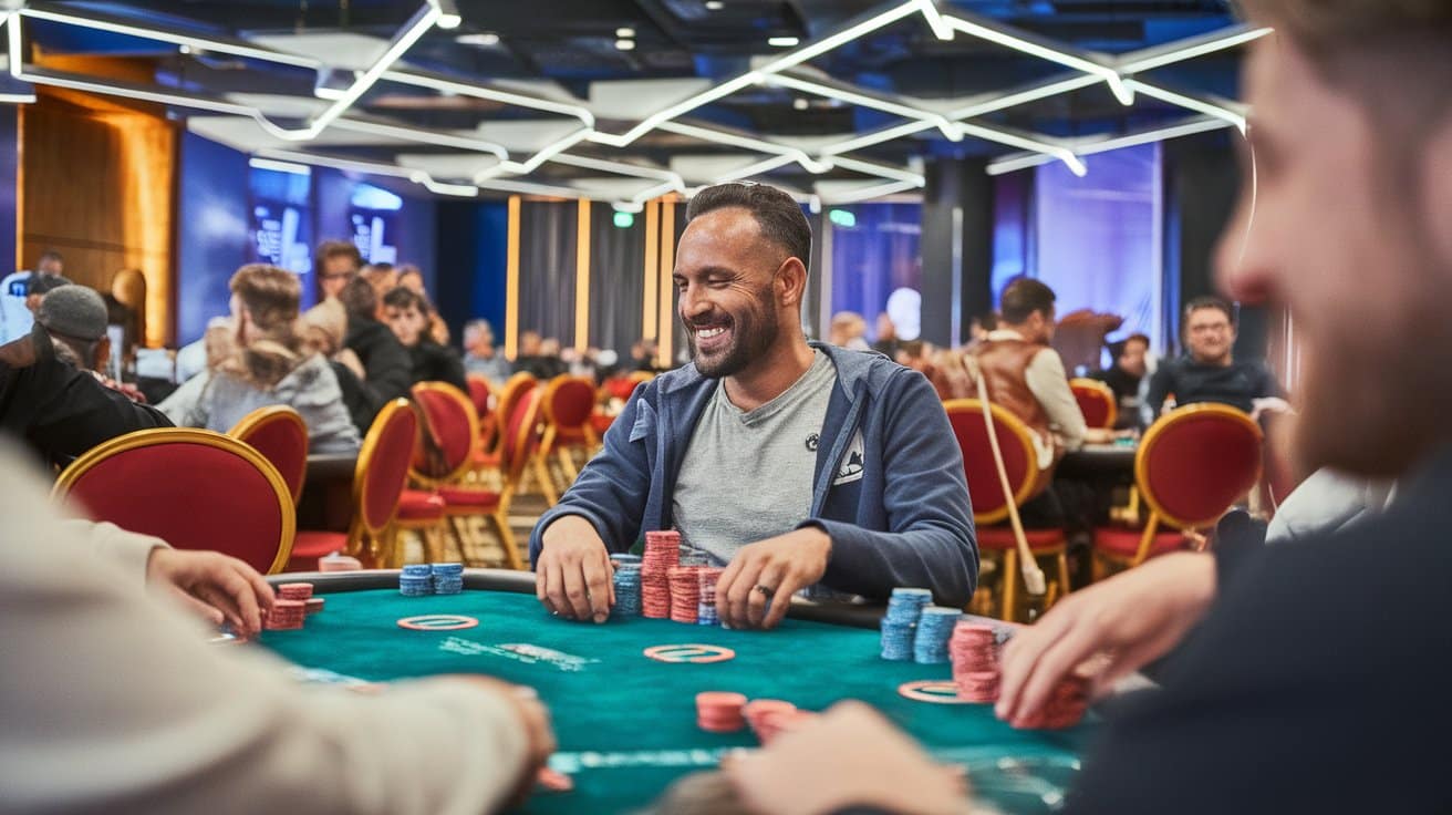 Poker igra? sa bradom se osmehuje tokom partije, u sali punoj u?esnika turnira.