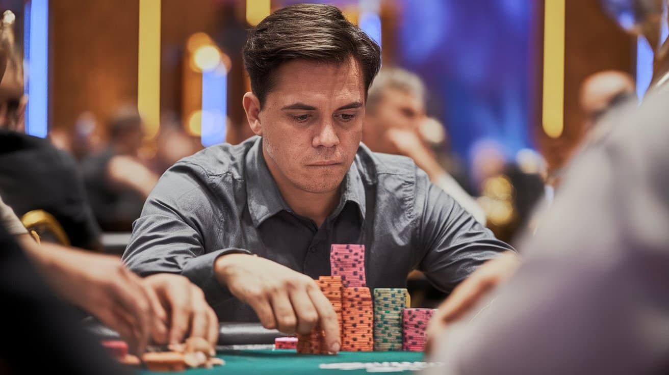 Poker igra? u sivoj košulji pažljivo razmišlja i slaže svoje žetone.