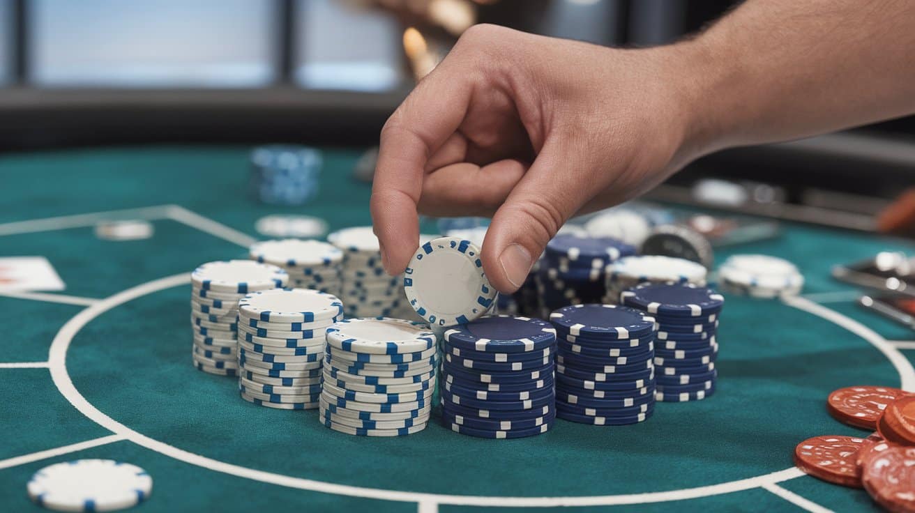 Ruka podiže plavi poker žeton sa stola prepunog složenih žetona razli?itih boja.