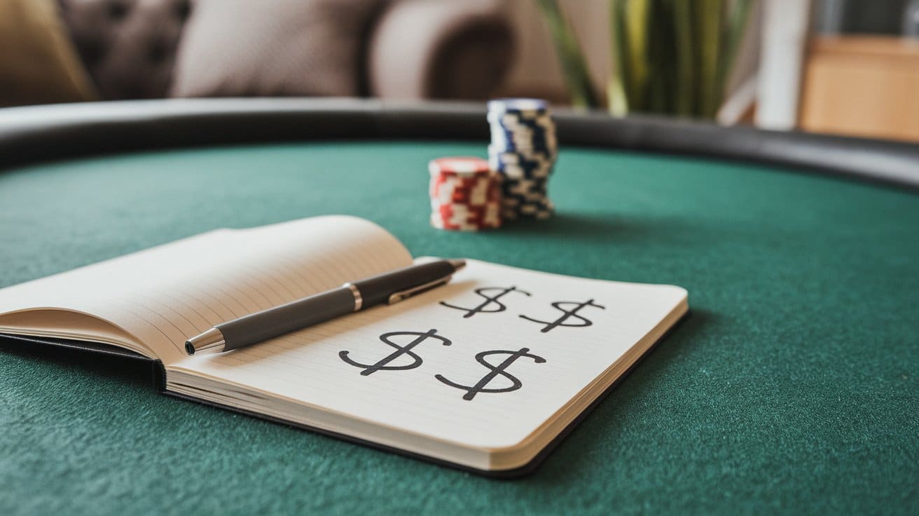 Sveska sa nacrtanim znakovima dolara i olovkom na zelenom poker stolu, u pozadini žetoni.