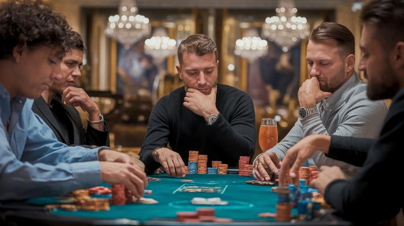 Grupa poker igra?a sedi za stolom u luksuznom kazinu, fokusirani na igru i svoje poteze.