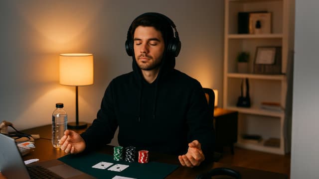 Muškarac u crnoj dukserici i slušalicama meditira za stolom sa poker kartama i žetonima ispred sebe, pokušavaju?i da zadrži mir i koncentraciju.