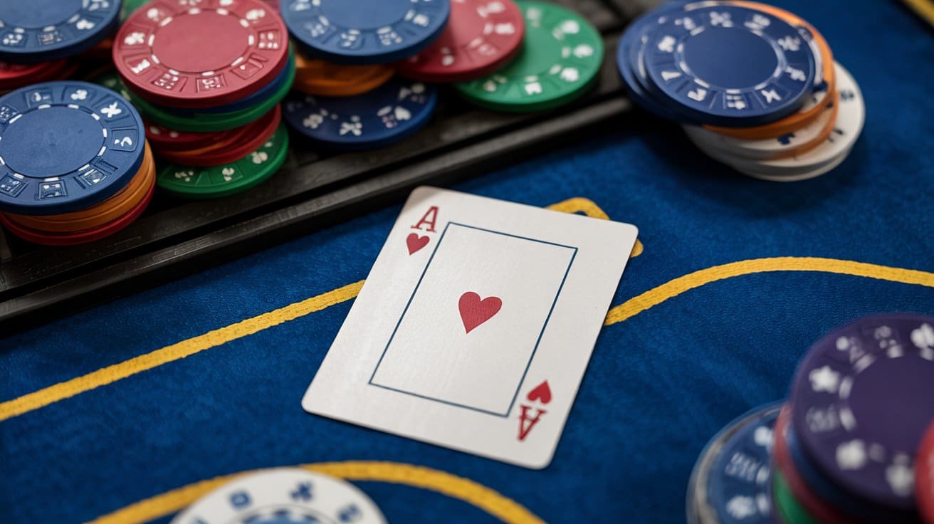 Karta as pikova crvenog srca položena na plavom poker stolu, okružena šarenim žetonima